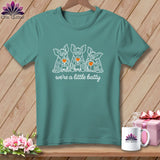 Teal t-shirt with three bats holding wine glasses, text 