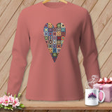 Long-sleeved rose shirt with a patchwork quilt heart graphic and 