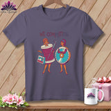 T-shirt graphic of two women, one as a spool of thread, the other with a rotary cutter, with text 
