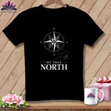 Black t-shirt with compass design and text 