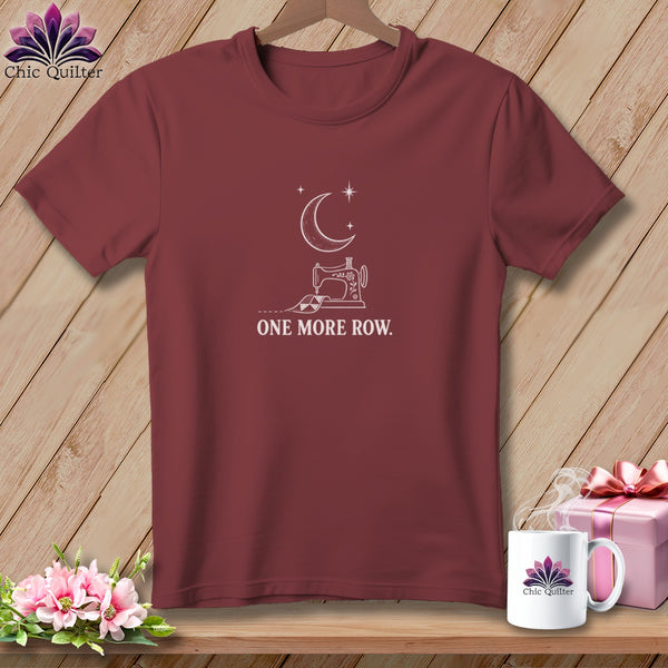 Maroon t-shirt with sewing machine, moon, stars, and "ONE MORE ROW." text.