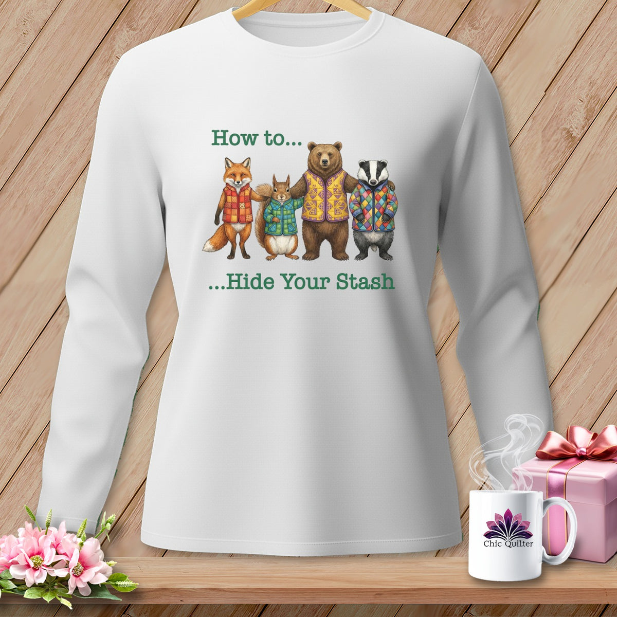 White long-sleeve shirt with woodland animals and "How to... Hide Your Stash" text.