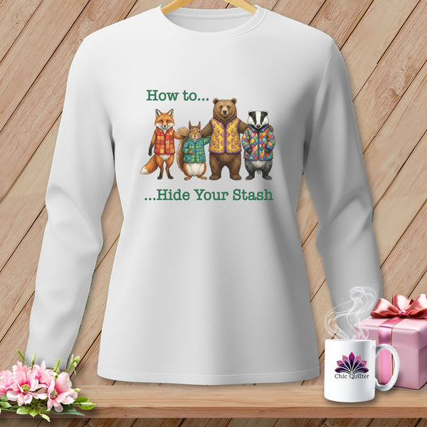 White long-sleeve shirt with woodland animals and "How to... Hide Your Stash" text.