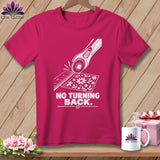 Fuchsia t-shirt with rotary cutter, ruler, fabric, and text 