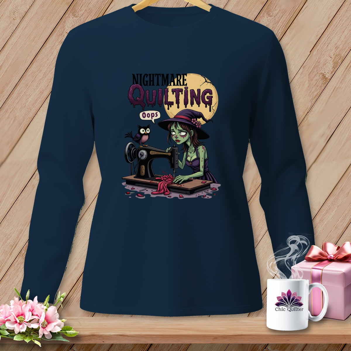 Zombie witch sewing with a bird and "Nightmare Quilting" text.