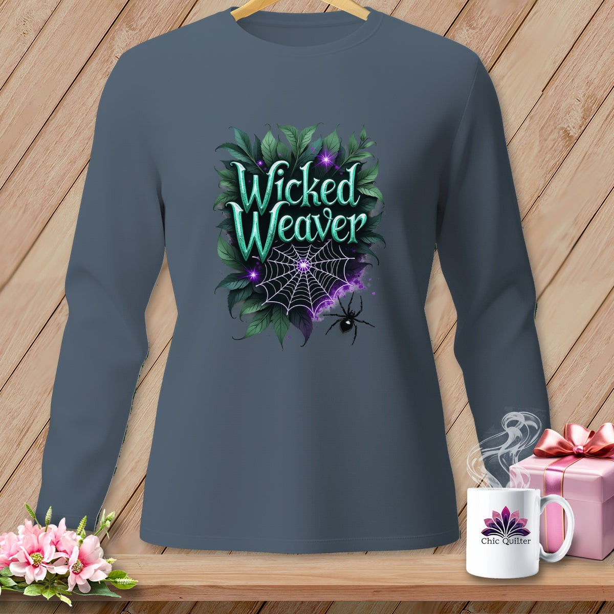 Long-sleeve shirt with "Wicked Weaver" text, spider web, spider, and leaves design.