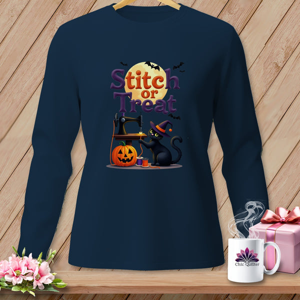 Black cat with sewing machine, pumpkin, and "Stitch or Treat" text on navy shirt.