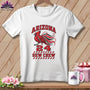 A white t-shirt hanging on a wooden wall displays a red cardinal graphic, the text Arizona 24 Sew Crew, and spools of thread.