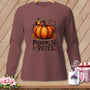Long-sleeve shirt with pumpkin, owl, and "Pumpkin Patch" text.