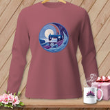 Mauve long-sleeve shirt with a circular sewing machine and yarn graphic.