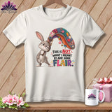 White t-shirt with cartoon bunny and text 