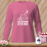 Pink long sleeve shirt with sewing machine graphic and text 