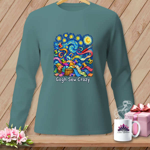 Long sleeve shirt with "Gogh Sew Crazy" print featuring colorful fabric scraps and spools of thread.