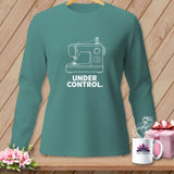 Teal long-sleeve shirt with white sewing machine graphic and 
