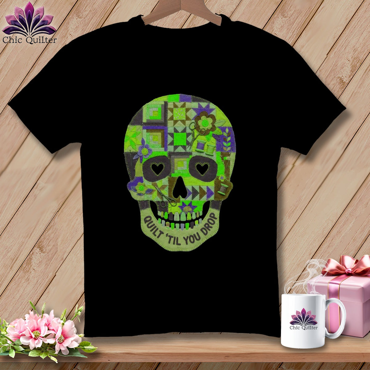 Black t-shirt with a quilted skull graphic and "Quilt 'til You Drop" text.
