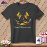 Dark gray t-shirt with a patchwork jack-o'-lantern face and text 