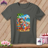 Charcoal gray t-shirt featuring a graphic of a cat relaxing in a beach chair with a colorful quilt.