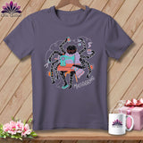 T-shirt with a spider using a sewing machine and holding coffee, reading 