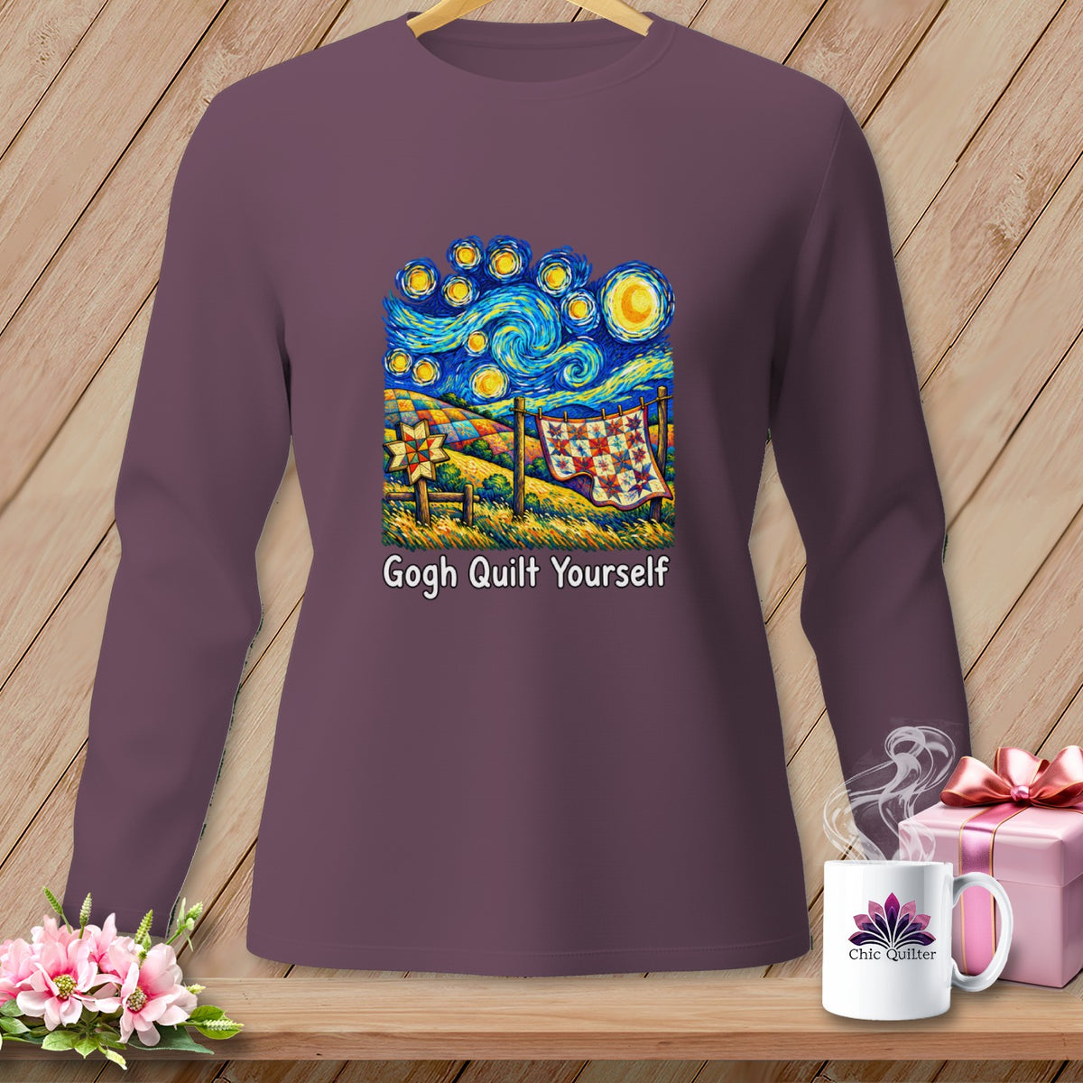 Long-sleeve shirt with "Gogh Quilt Yourself" and a Van Gogh-inspired quilt art.