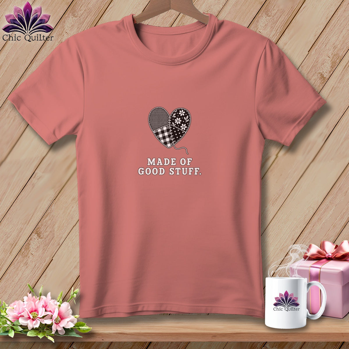 Coral t-shirt with patchwork heart graphic and text "Made of Good Stuff."