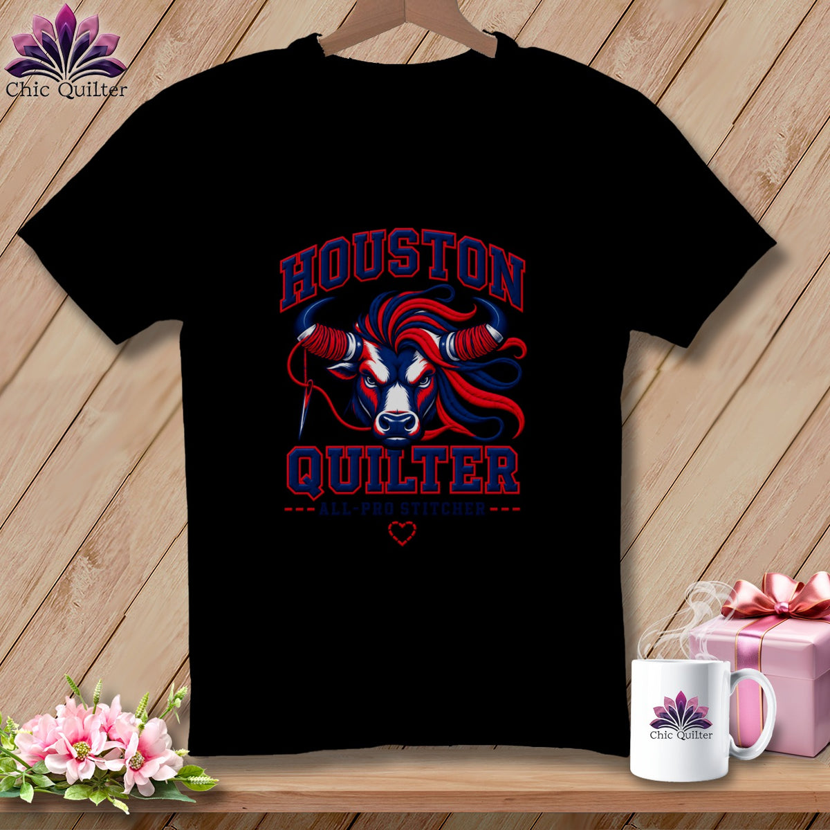 Black t-shirt featuring a red, white, and blue bull graphic with the text Houston Quilter All-Pro Stitcher.