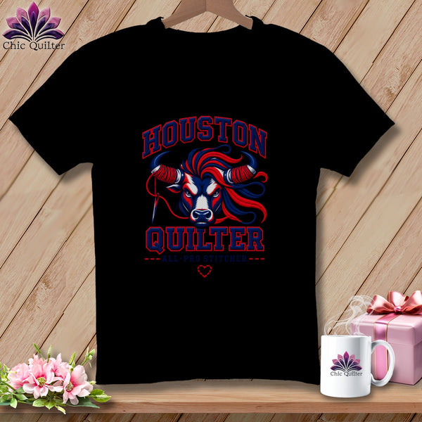 Black t-shirt featuring a red, white, and blue bull graphic with the text Houston Quilter All-Pro Stitcher.