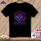 Black t-shirt featuring a blue and red buffalo graphic with text reading Buffalo Quilter.