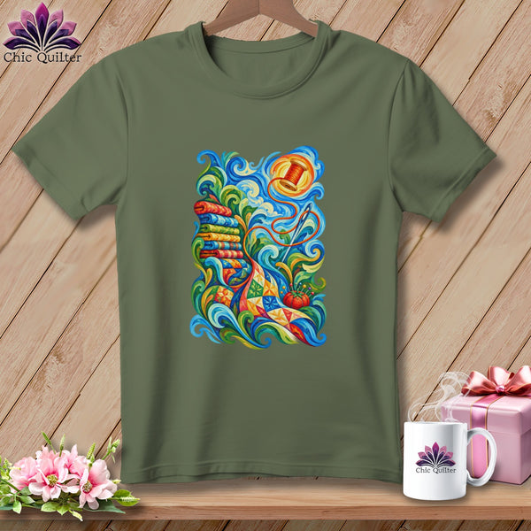 An olive green crewneck t-shirt featuring a colorful quilting-themed graphic on the chest.