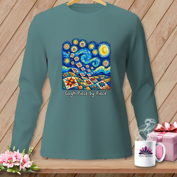 Teal long-sleeve shirt featuring a quilt-inspired Starry Night design and "Gogh Piece by Piece" text.