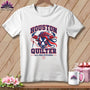 White t-shirt with a graphic of a bull's head, the text Houston Quilter, and a sewing needle.