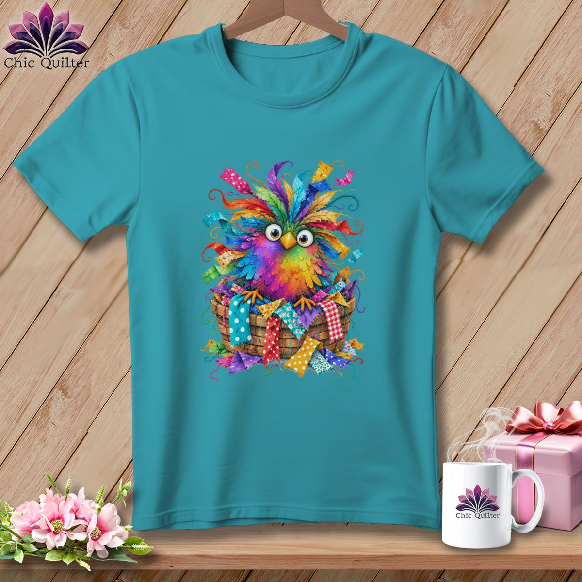 Teal crewneck t-shirt featuring a colorful cartoon owl sitting in a basket of fabric scraps.