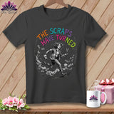 Dark grey t-shirt featuring a circular graphic with text 