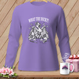 Purple long-sleeved shirt with a humorous black-and-white duck graphic and the text WHAT THE DUCK?!
