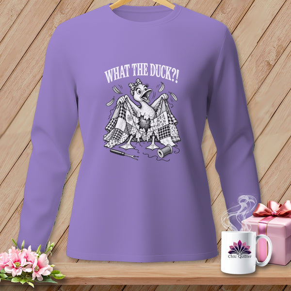 Purple long-sleeved shirt with a humorous black-and-white duck graphic and the text WHAT THE DUCK?!