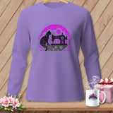 Purple long-sleeve shirt with a black cat and sewing machine graphic.