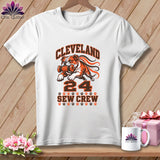 White t-shirt with a graphic of a bulldog holding a spool of thread, reading Cleveland 24 Sew Crew.