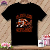 A black t-shirt features an orange graphic of a bulldog holding a spool of thread with text reading Cleveland Quilter.