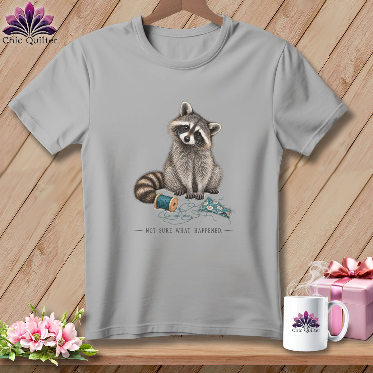 Grey t-shirt with a raccoon sitting by sewing supplies and the text "NOT SURE WHAT HAPPENED."