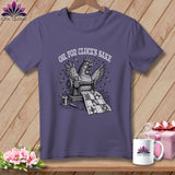 T-shirt graphic of a chicken sewing a quilt with text 