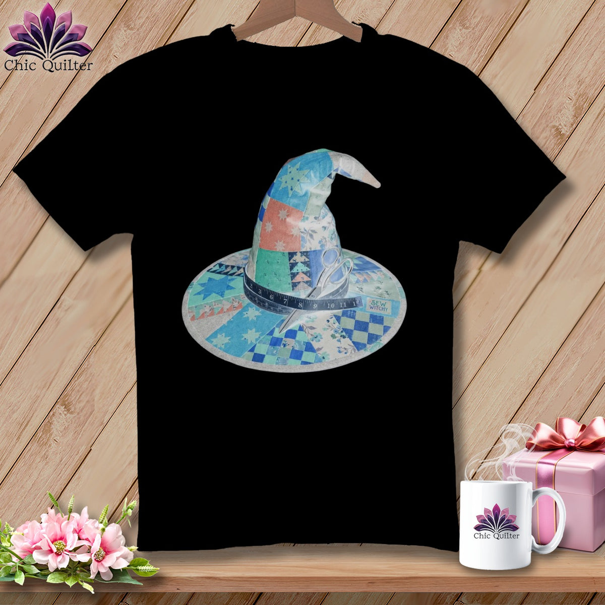 Black t-shirt with a patchwork witch hat design and "Sew Witchy" text.