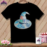 Black t-shirt with a patchwork witch hat design and 