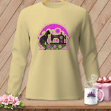 Cream long-sleeve shirt with a black and purple sewing machine and cat graphic.