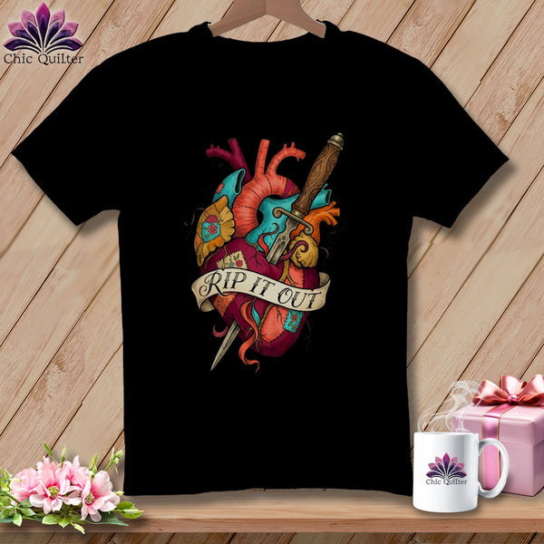 Black t-shirt with anatomical heart, dagger, and "Rip It Out" banner graphic.