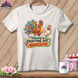 White t-shirt with cartoon chickens and 