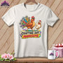 White t-shirt with cartoon chickens and "CRAFTING GOT AGGRESSIVE" text.