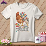 White t-shirt with two chickens and quilted fabric, text says 