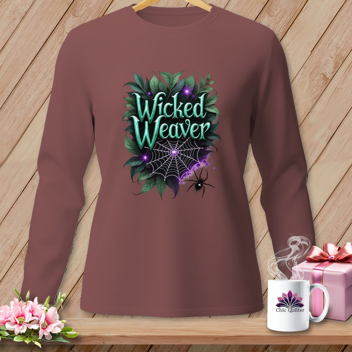 Brown long-sleeve shirt with "Wicked Weaver" Halloween graphic featuring spiderweb and spider.