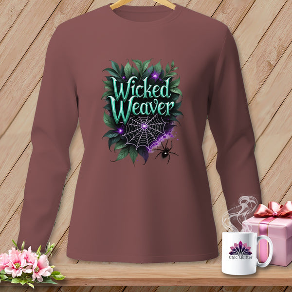 Brown long-sleeve shirt with "Wicked Weaver" Halloween graphic featuring spiderweb and spider.