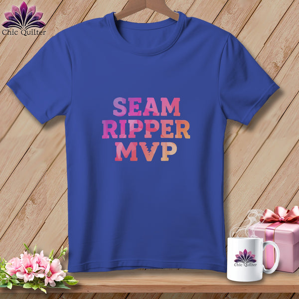 Royal blue t-shirt with "Seam Ripper MVP" text in gradient colors.