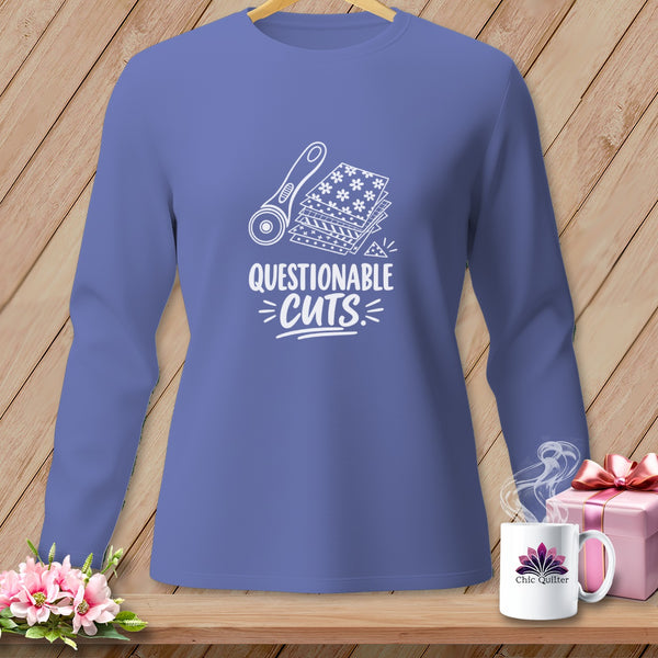 Purple long-sleeve shirt with "Questionable Cuts" text and quilting graphics.